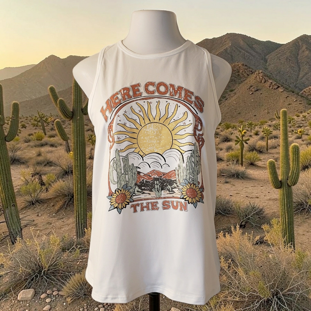HERE COMES THE SUN White Soft Stretchy Graphic Tank Top - NWT!